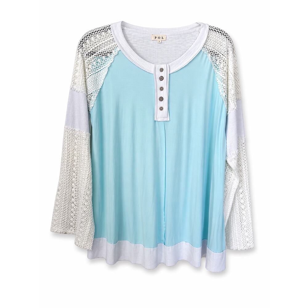 POL‎ Mint Boho Crochet Lace Bell Sleeve Tunic Womens Large Coastal Cottagecore